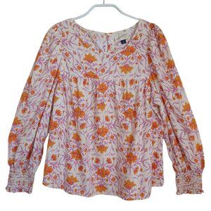 Universal Thread Blouse Pink Orange Floral Cottagcore Smocked Sleeve Womens Med